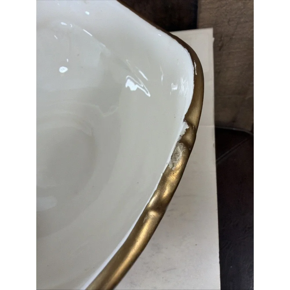 VTG 1989 Fitz Floyd Old Tyme Holiday Ceramic Bowl Ribbed Red‎ Gold Flawed w/ Box